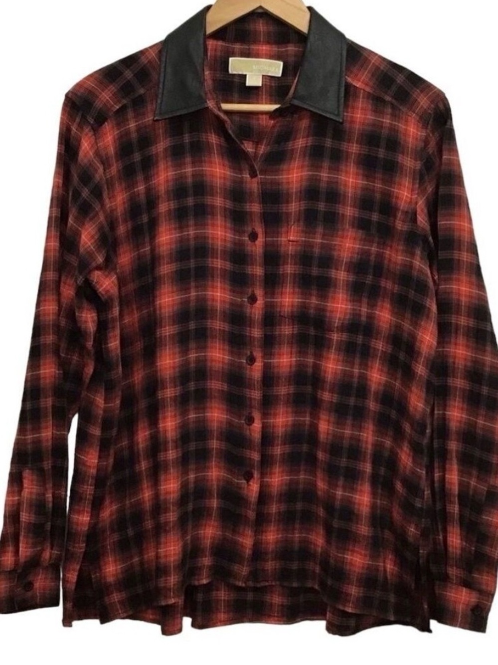 MICHAEL Kors oversized button down blouse plaid red black faux leather small